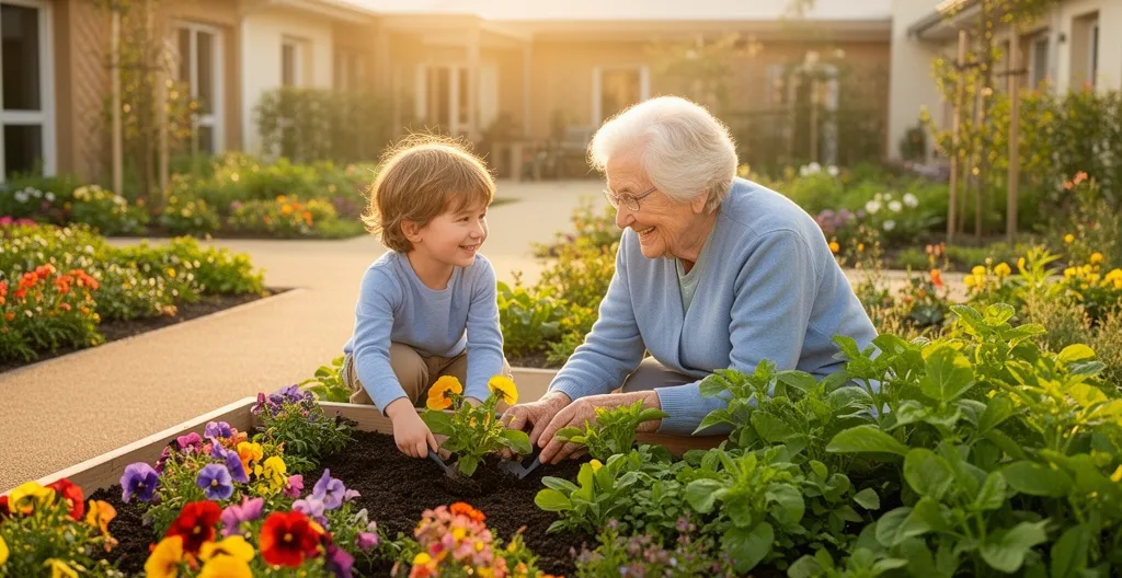 Enfant et personne âgée plantant ensemble dans un bac de jardinage extérieur