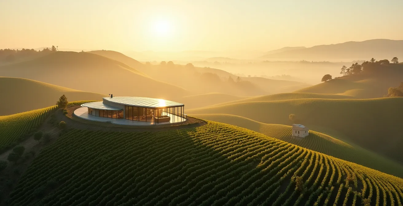 Vue aérienne des vignobles champenois avec infrastructure verrière
