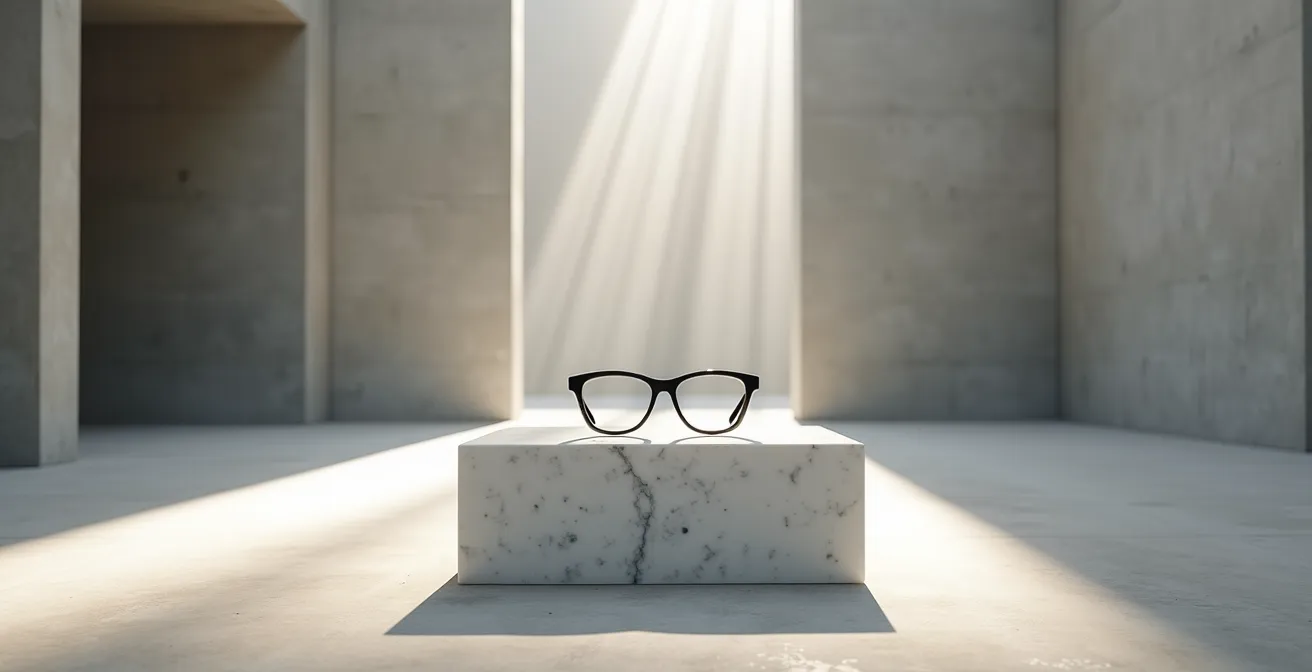 Composition minimaliste de lunettes dans un environnement architectural épuré