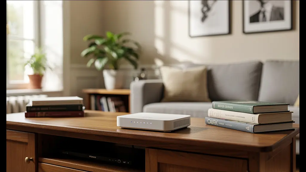 Box internet avec voyants allumés installée sur un meuble TV dans un salon