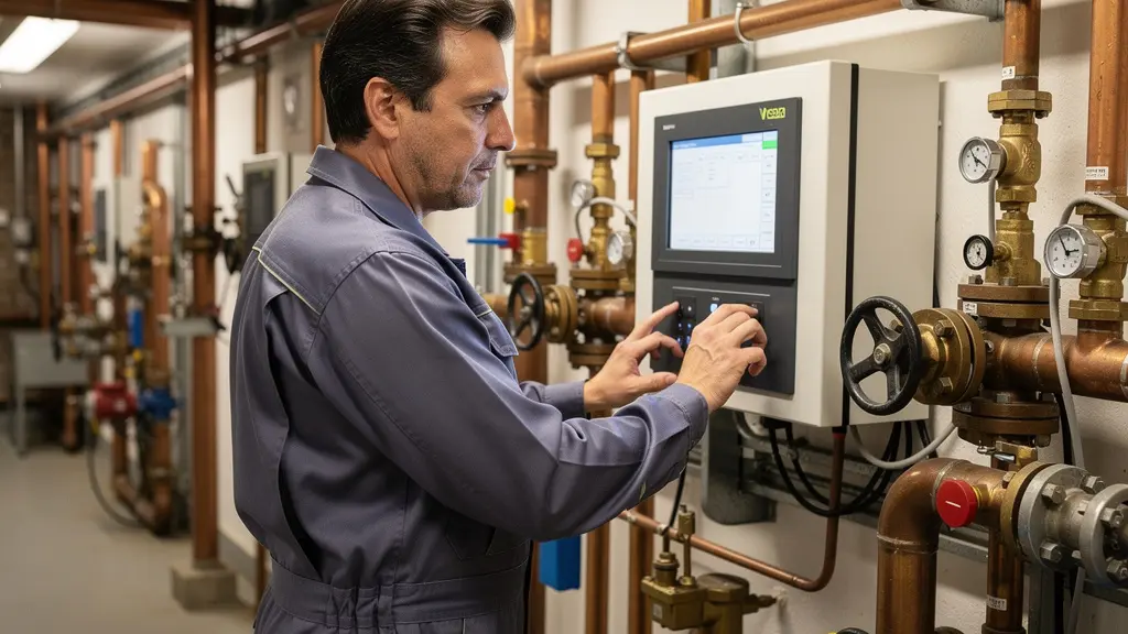 Technicien consultant tableau de contrôle dans chaufferie industrielle équipée gaz