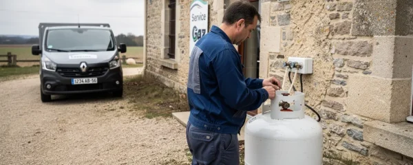 Citerne propane blanche près d'un restaurant avec technicien vérifiant l'installation