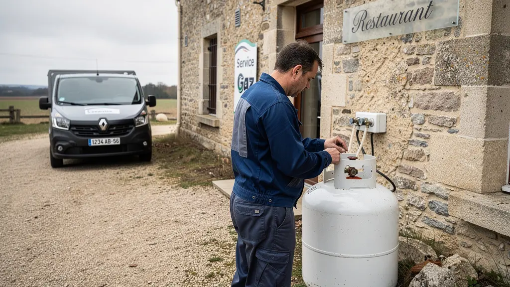 Citerne propane blanche près d'un restaurant avec technicien vérifiant l'installation