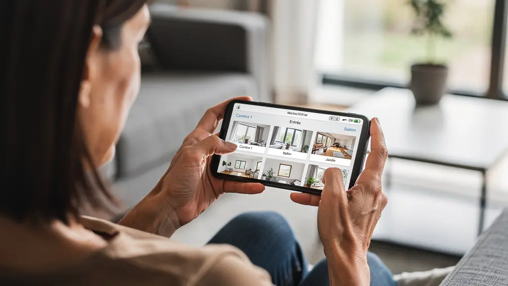 Consultation application caméra surveillance sur smartphone dans salon