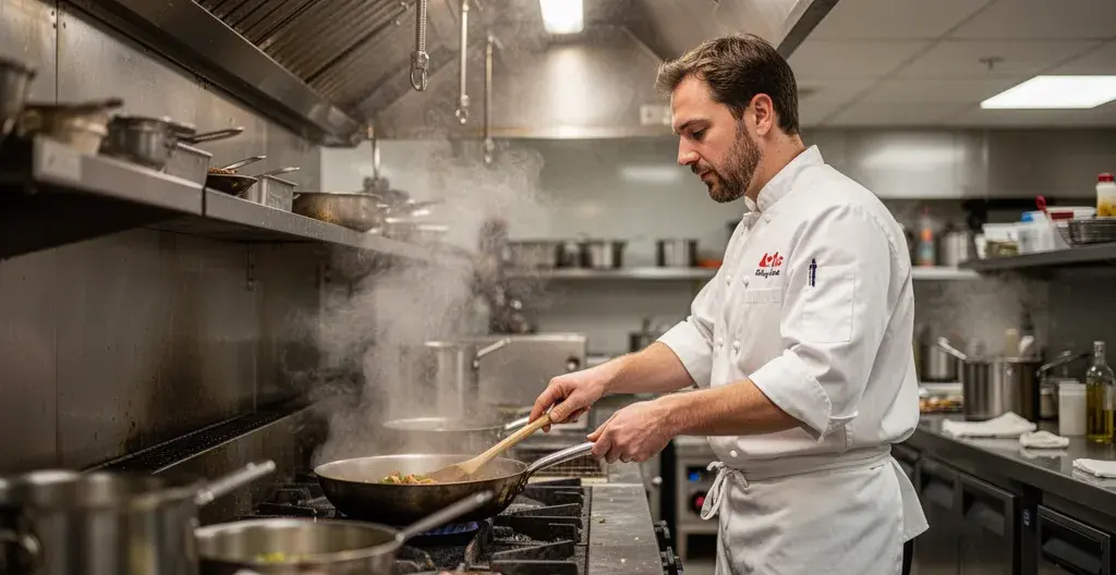 Chef travaillant sous hotte commerciale en inox dans cuisine professionnelle