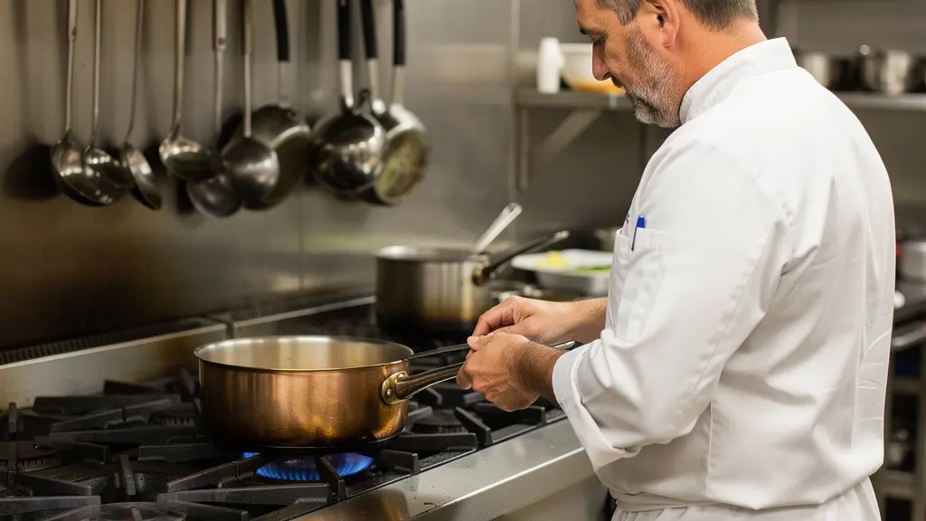 Chef cuisinier travaillant aux fourneaux à gaz dans cuisine professionnelle