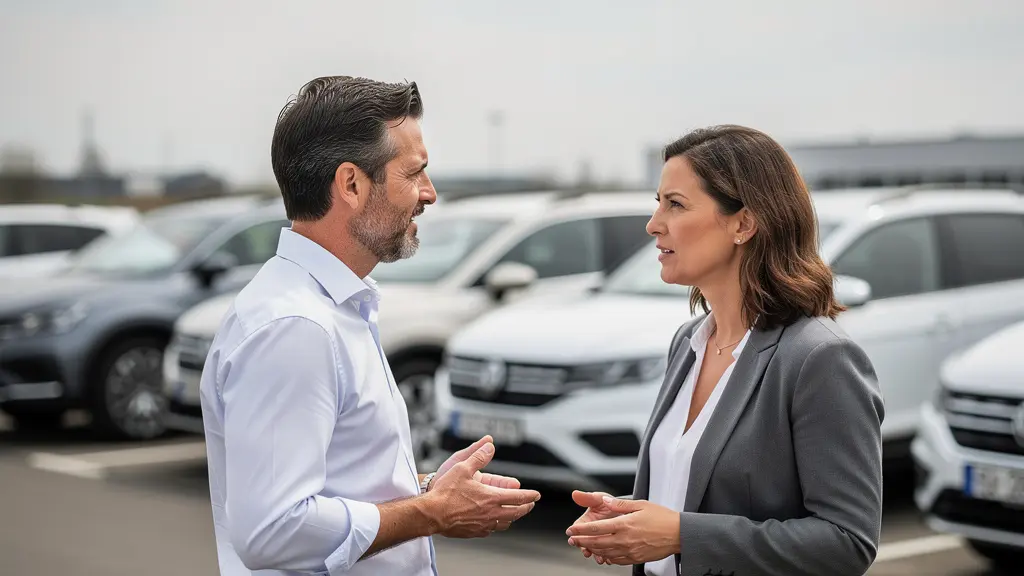 Deux professionnels discutant près d'une flotte de véhicules d'entreprise
