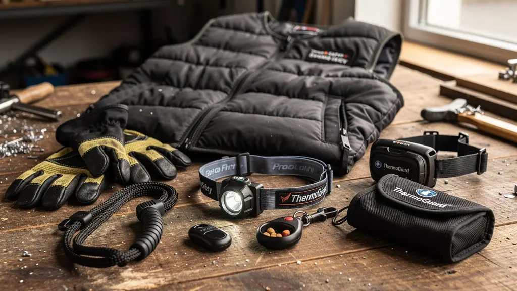 Équipements techniques variés exposés sur établi : gants de sécurité, lampe frontale, accessoires canins