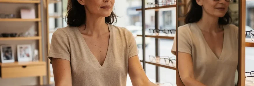 Femme française essayant des lunettes de vue élégantes devant miroir de boutique optique