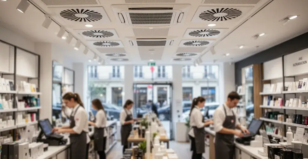 Intérieur de commerce avec grilles de ventilation au plafond et employés en arrière-plan