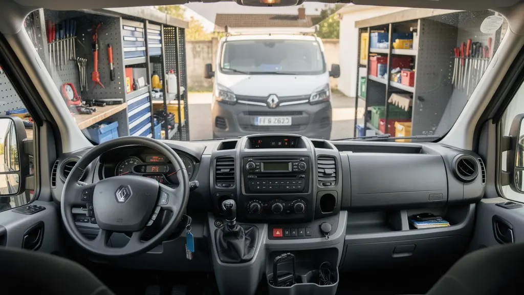 Intérieur d'un véhicule professionnel équipé pour le travail avec compartiments rangement