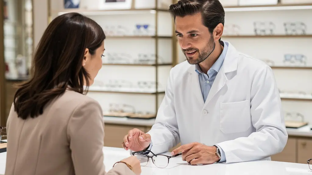 Opticien français conseillant une cliente sur le choix de monture Gucci en boutique