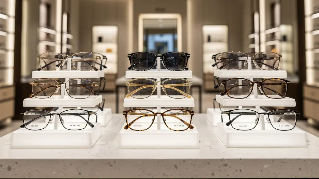 Présentoir de montures lunettes premium dans boutique optique haut de gamme