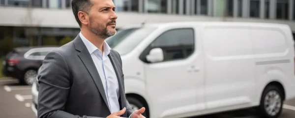 Professionnel inspectant un véhicule utilitaire dans un parking d'entreprise pour évaluer ses besoins d'assurance
