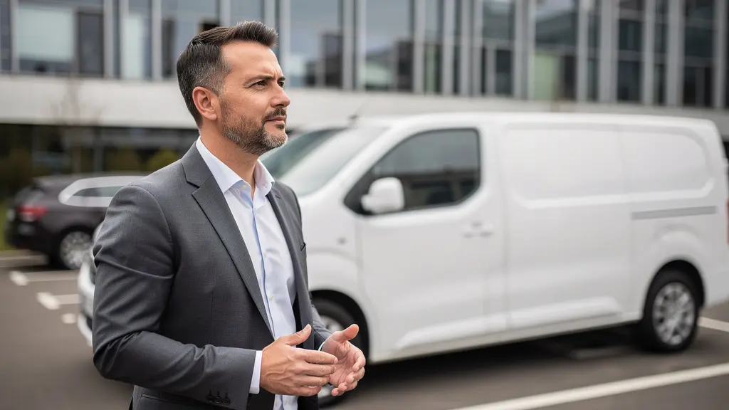 Professionnel inspectant un véhicule utilitaire dans un parking d'entreprise pour évaluer ses besoins d'assurance