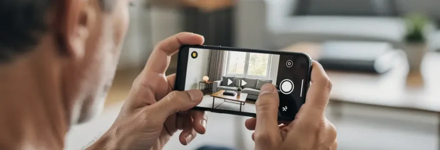 Personne consultant son application de surveillance caméra WiFi sur smartphone dans un salon