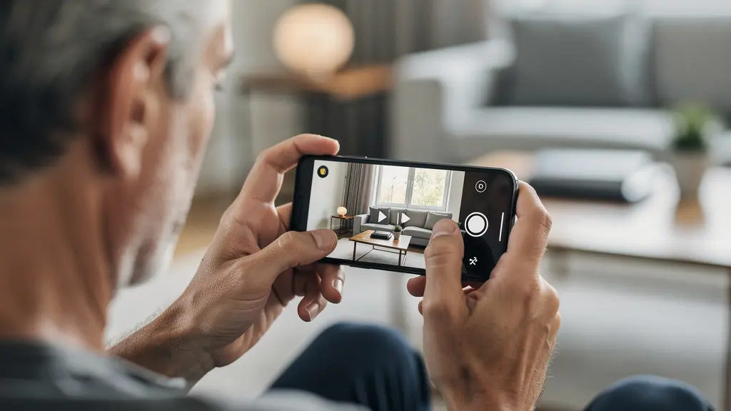 Personne consultant son application de surveillance caméra WiFi sur smartphone dans un salon