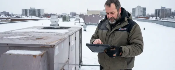Technicien CVC inspectant une unité de climatisation commerciale sur toit plat en hiver