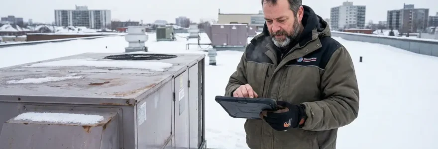 Technicien CVC inspectant une unité de climatisation commerciale sur toit plat en hiver