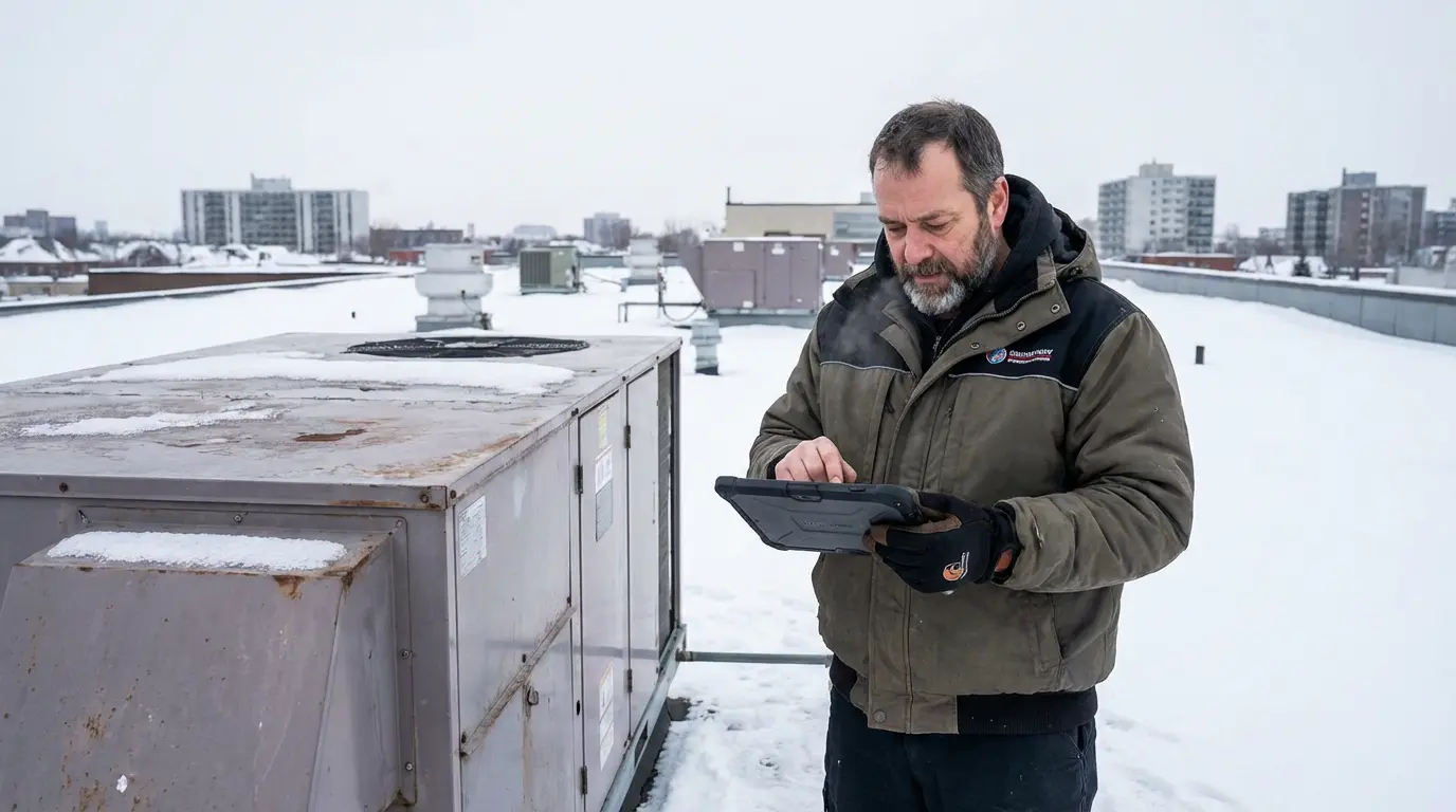 Technicien CVC inspectant une unité de climatisation commerciale sur toit plat en hiver