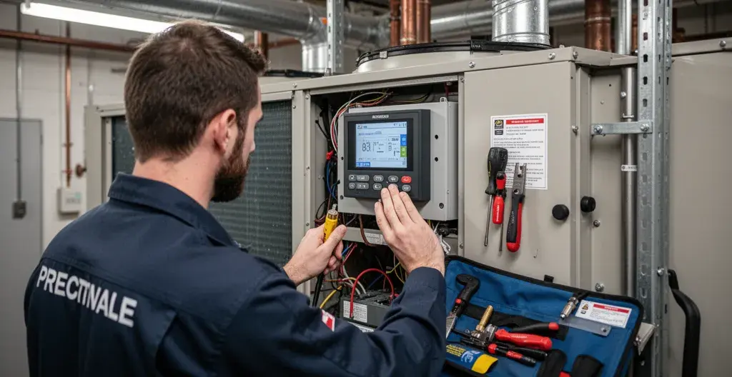 Technicien effectuant maintenance préventive sur système de ventilation commercial