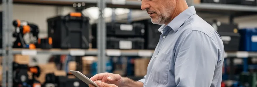 Technicien inspectant des équipements techniques professionnels dans un entrepôt moderne