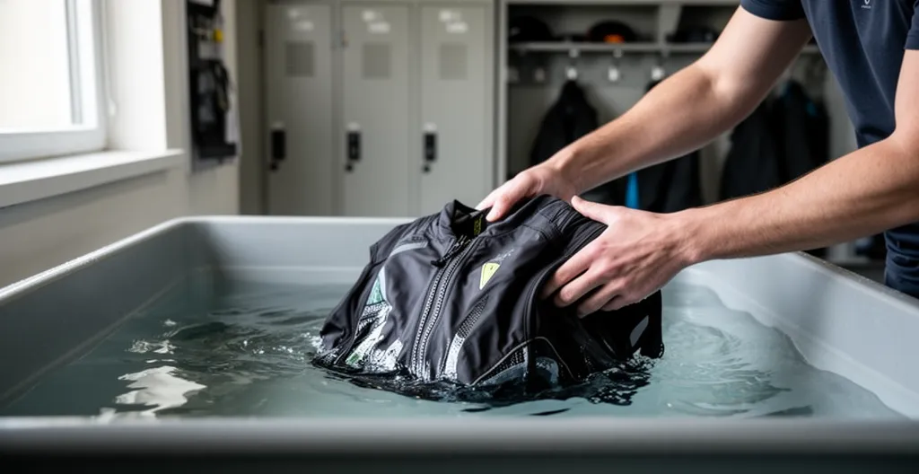 Personne activant un gilet rafraîchissant par trempage dans un bac d'eau