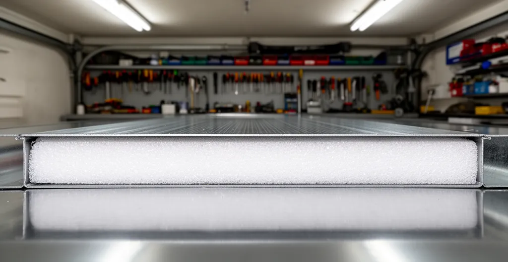 Coupe transversale d'un panneau de porte de garage montrant la mousse polyuréthane isolante