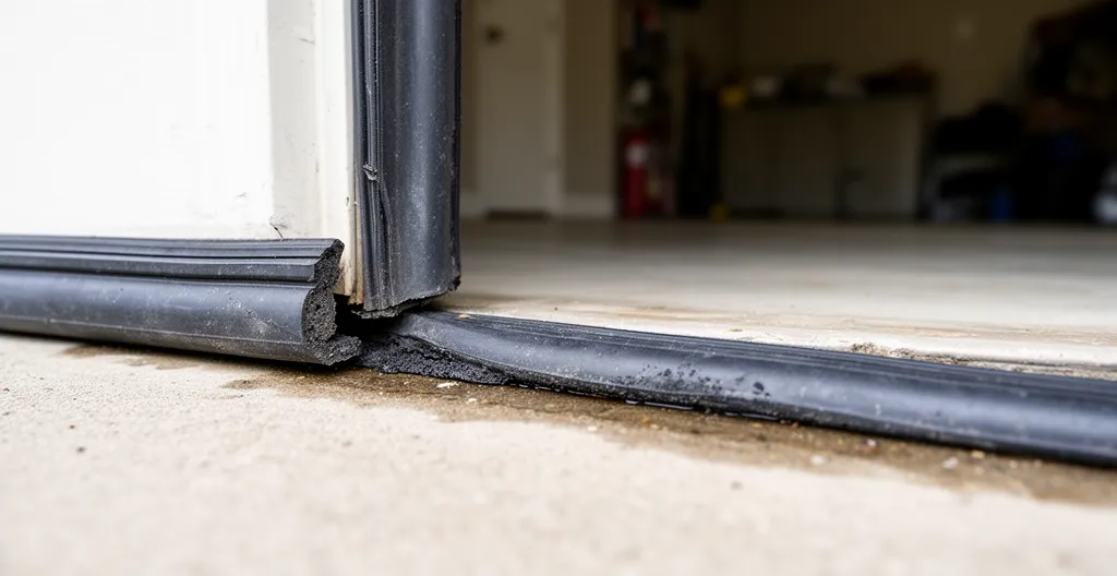 Joint de seuil de porte de garage usé avec jour visible et traces d'humidité au sol