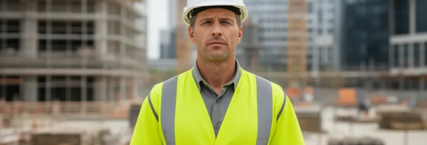 Travailleur BTP portant un gilet rafraîchissant haute visibilité sur chantier urbain ensoleillé