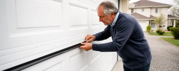 Propriétaire inspectant le joint de seuil de sa porte de garage sectionnelle