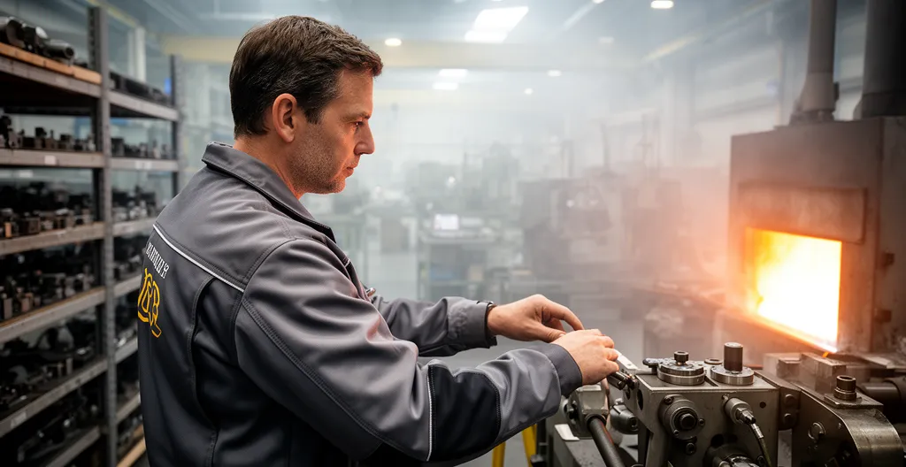 Technicien portant une veste rafraîchissante près d'une source de chaleur industrielle