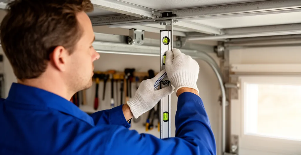 Technicien vérifiant l'alignement vertical d'un rail de porte de garage avec un niveau