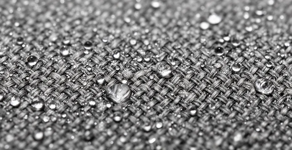 Vue macro de tissu technique humide avec micro-gouttelettes en évaporation sur vêtement rafraîchissant