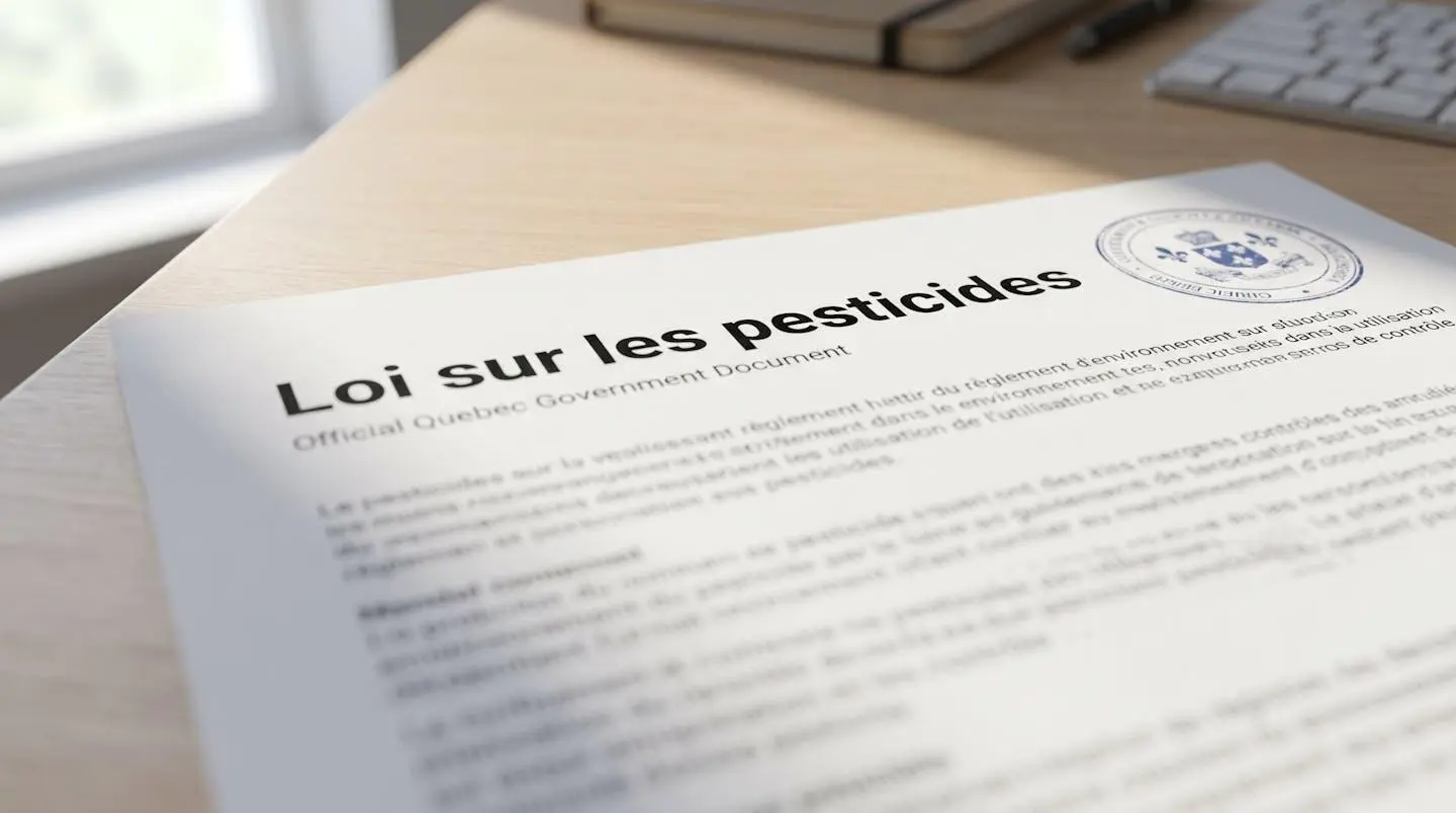 Gros plan d'un document officiel du gouvernement du Québec relatif à la Loi sur les pesticides posé sur un bureau