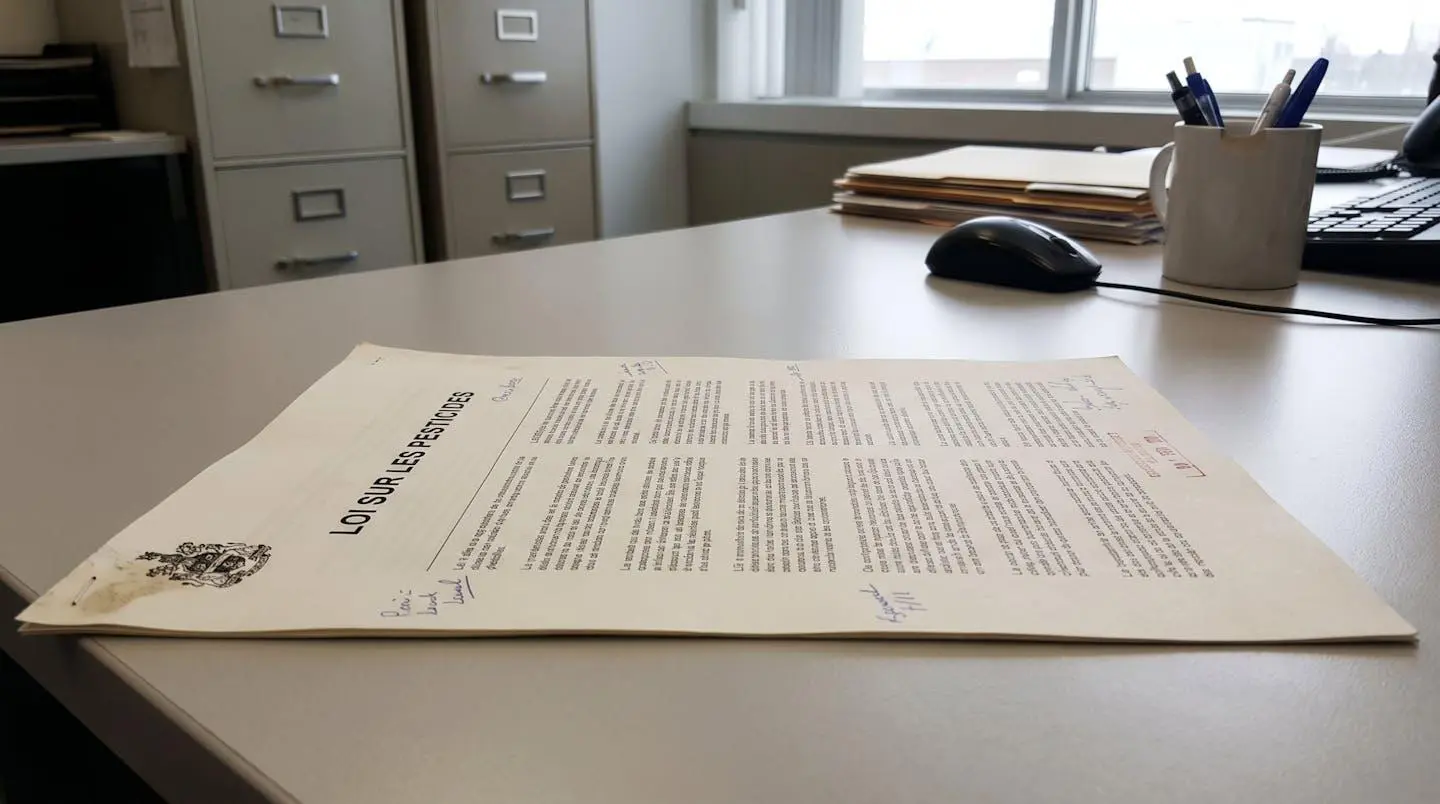 Gros plan d'un document officiel du gouvernement du Québec relatif à la Loi sur les pesticides posé sur un bureau
