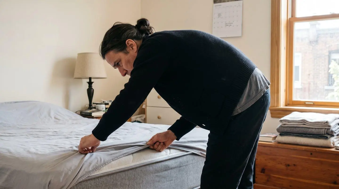 Une personne inspecte minutieusement les coutures d'un drap et le pourtour d'un matelas dans une chambre résidentielle éclairée naturellement