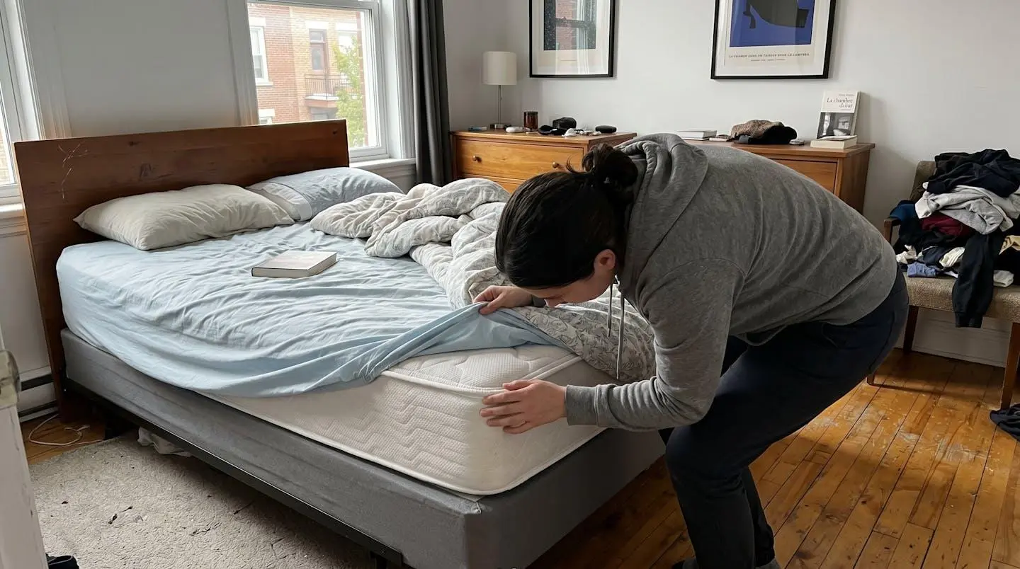 Une personne inspecte minutieusement les coutures d'un drap et le pourtour d'un matelas dans une chambre résidentielle éclairée naturellement