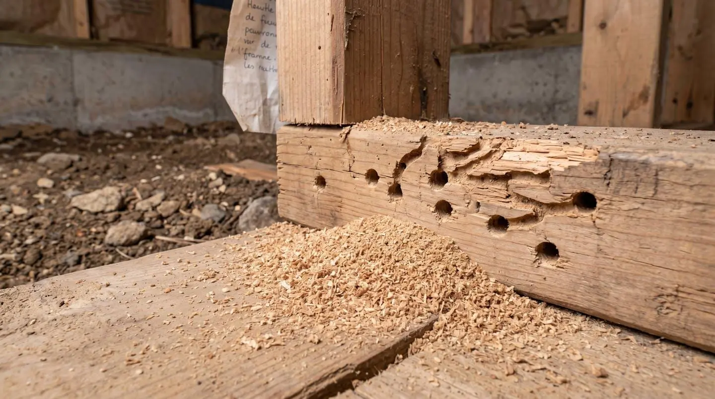 Gros plan de sciure de bois fine accumulée sous une poutre en bois avec galeries circulaires creusées par des fourmis charpentières