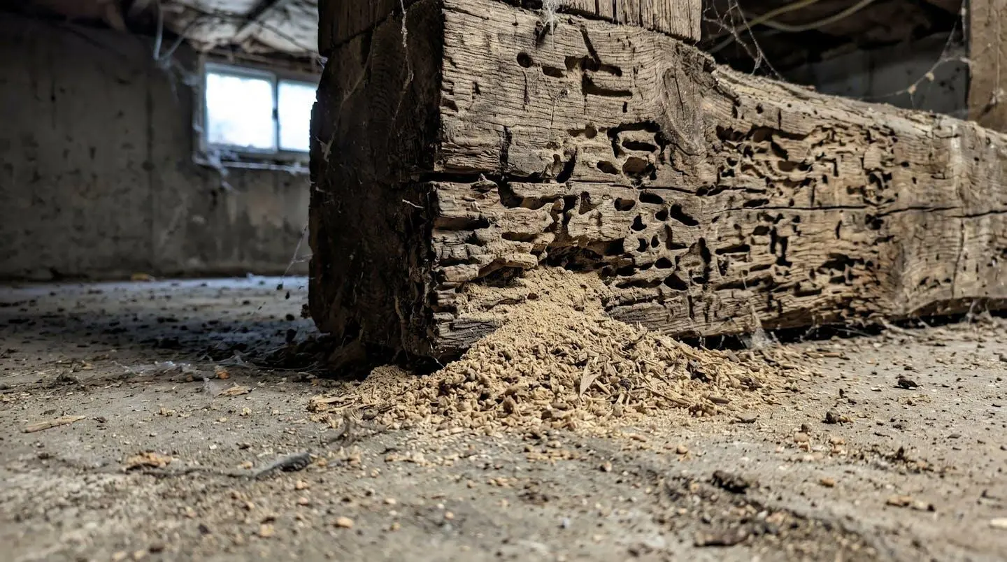 Gros plan de sciure de bois fine accumulée sous une poutre en bois avec galeries circulaires creusées par des fourmis charpentières