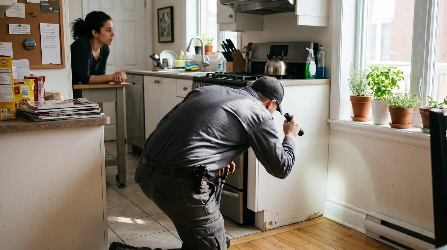 Un technicien en gestion parasitaire inspecte les plinthes d'une cuisine résidentielle avec une lampe de poche pendant qu'un propriétaire observe en arrière-plan