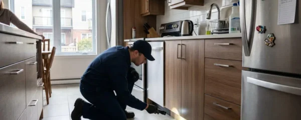 Un technicien en gestion parasitaire inspecte les plinthes d'une cuisine résidentielle avec une lampe de poche pendant qu'un propriétaire observe en arrière-plan