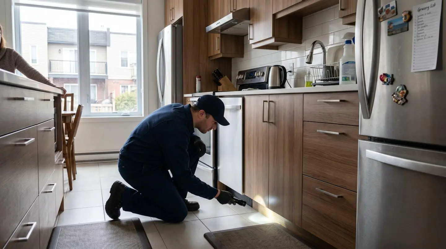 Un technicien en gestion parasitaire inspecte les plinthes d'une cuisine résidentielle avec une lampe de poche pendant qu'un propriétaire observe en arrière-plan