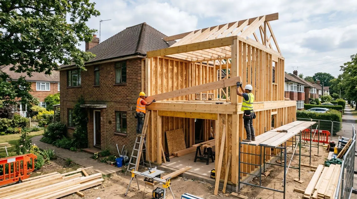 Chantier d'extension latérale d'une maison avec ossature bois partiellement montée, ouvriers en action