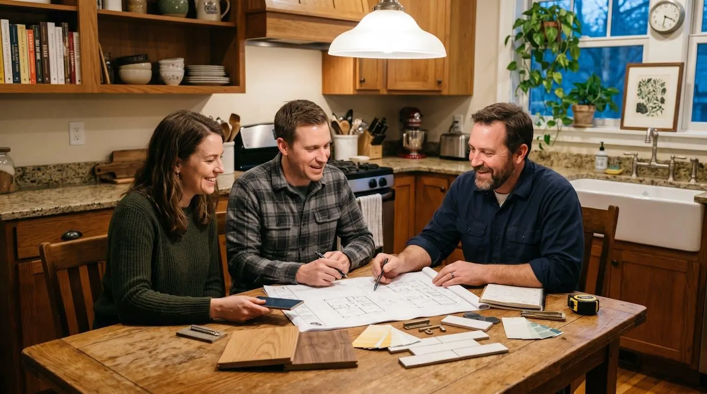 Famille en réunion avec un professionnel pour planifier l'extension de leur maison, plans déroulés sur une table