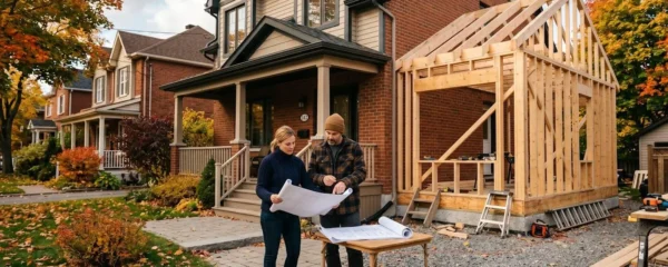 Propriétaire observant les travaux d'extension de sa maison avec structure bois en cours de réalisation