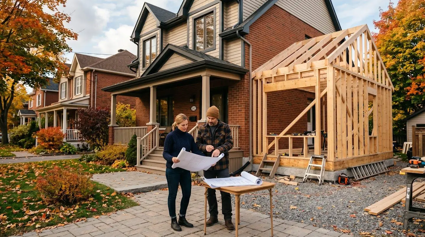 Propriétaire observant les travaux d'extension de sa maison avec structure bois en cours de réalisation