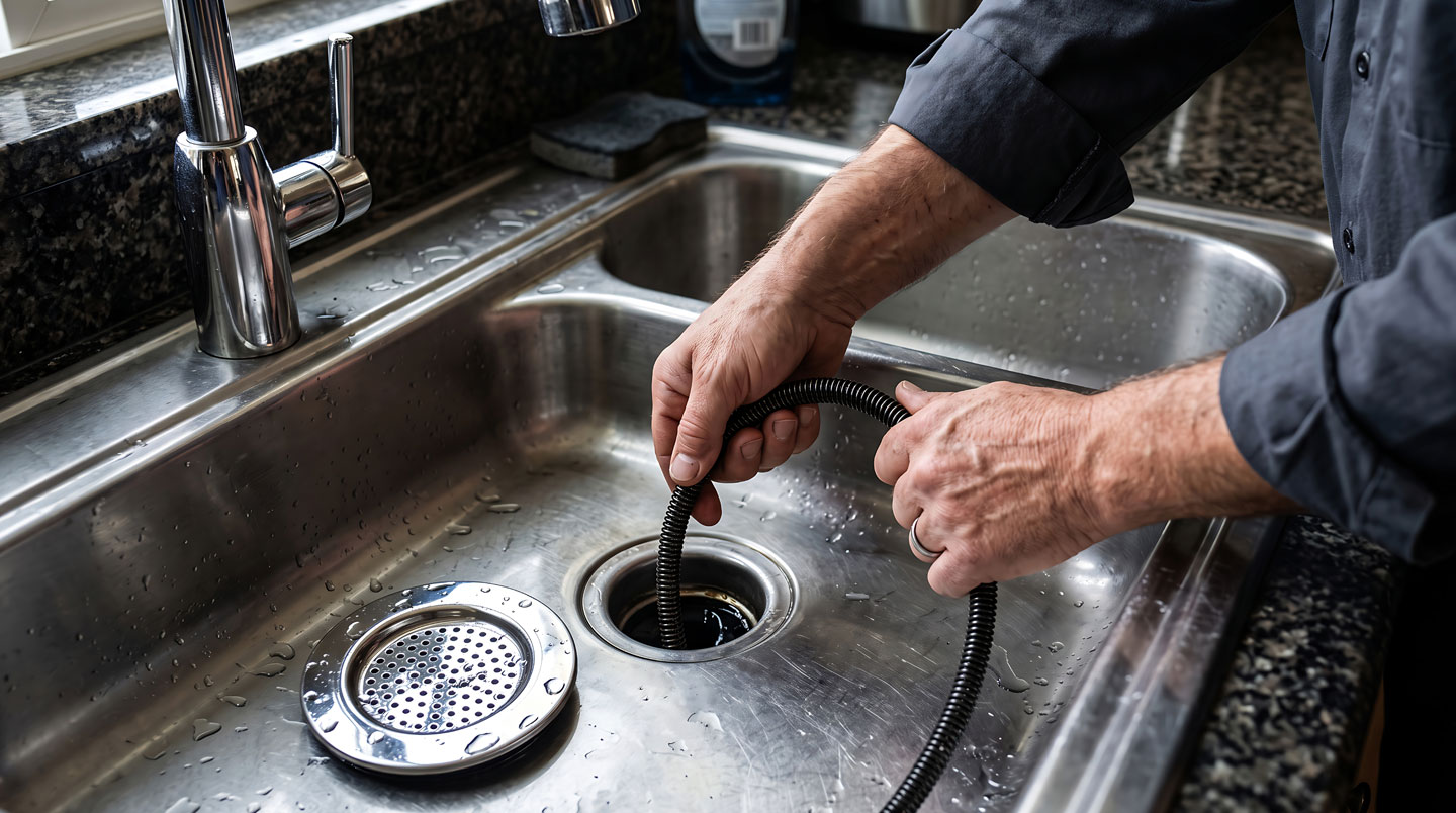 Drain de lavabo résidentiel montrant des signes d'écoulement lent et de résidus, symptômes nécessitant un entretien