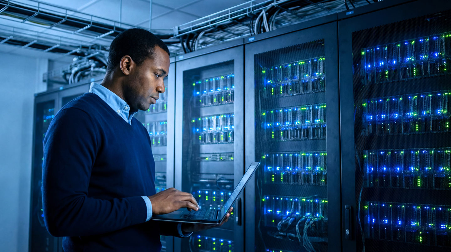 Serveur tour compact installé dans un bureau d'architecte IT avec documentation technique et écrans de configuration