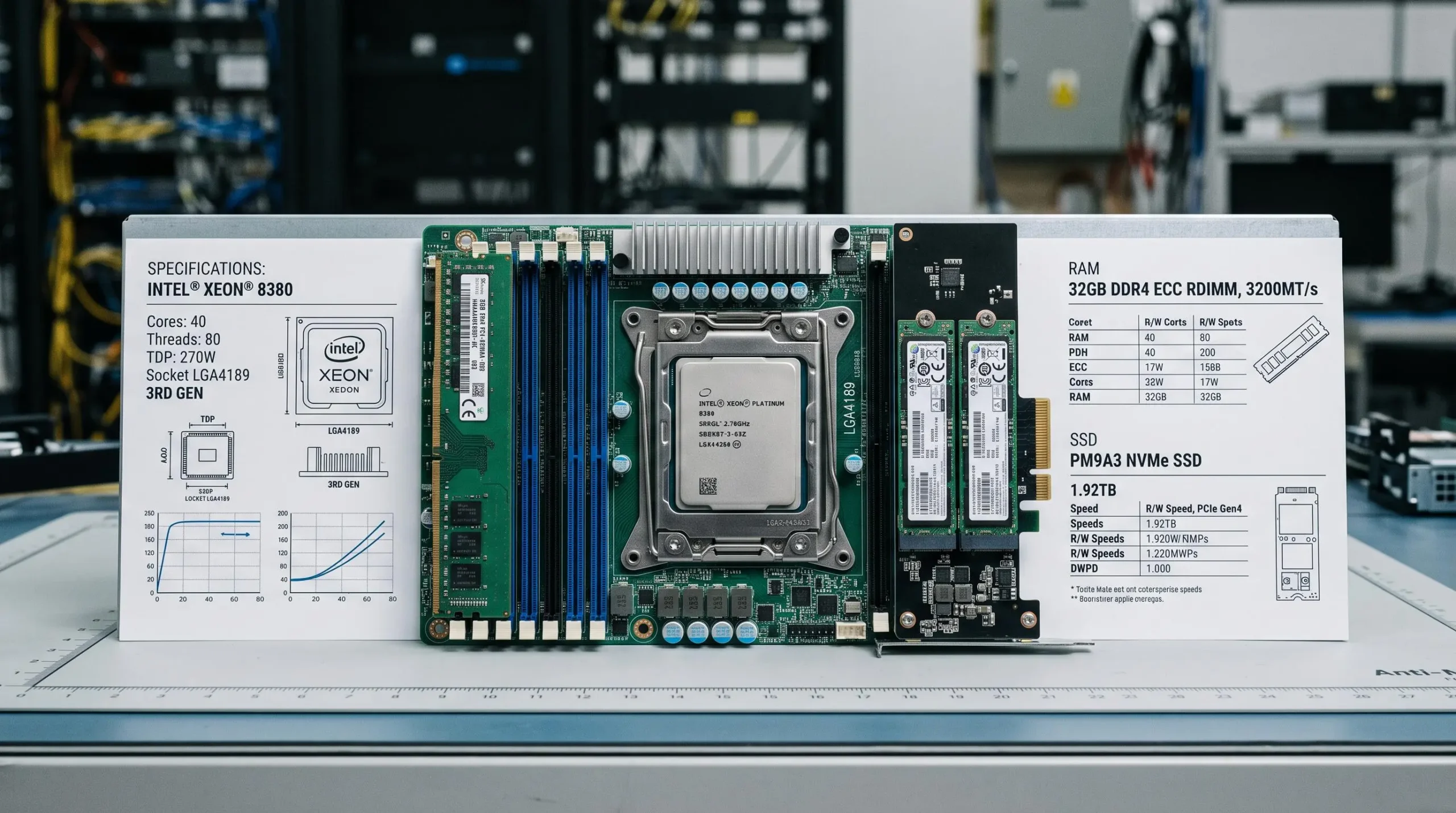 Composants serveur professionnels (processeur Xeon, mémoire RAM, disques SSD) avec documentation technique de dimensionnement